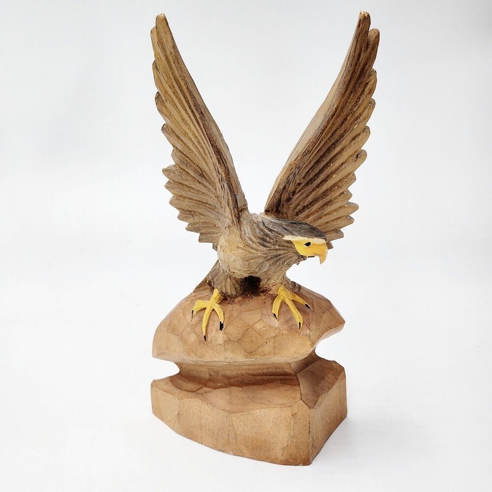 Vintage Wood Handcarved Eagle Bird Statue Figurine Detail 9” Tall American Gift